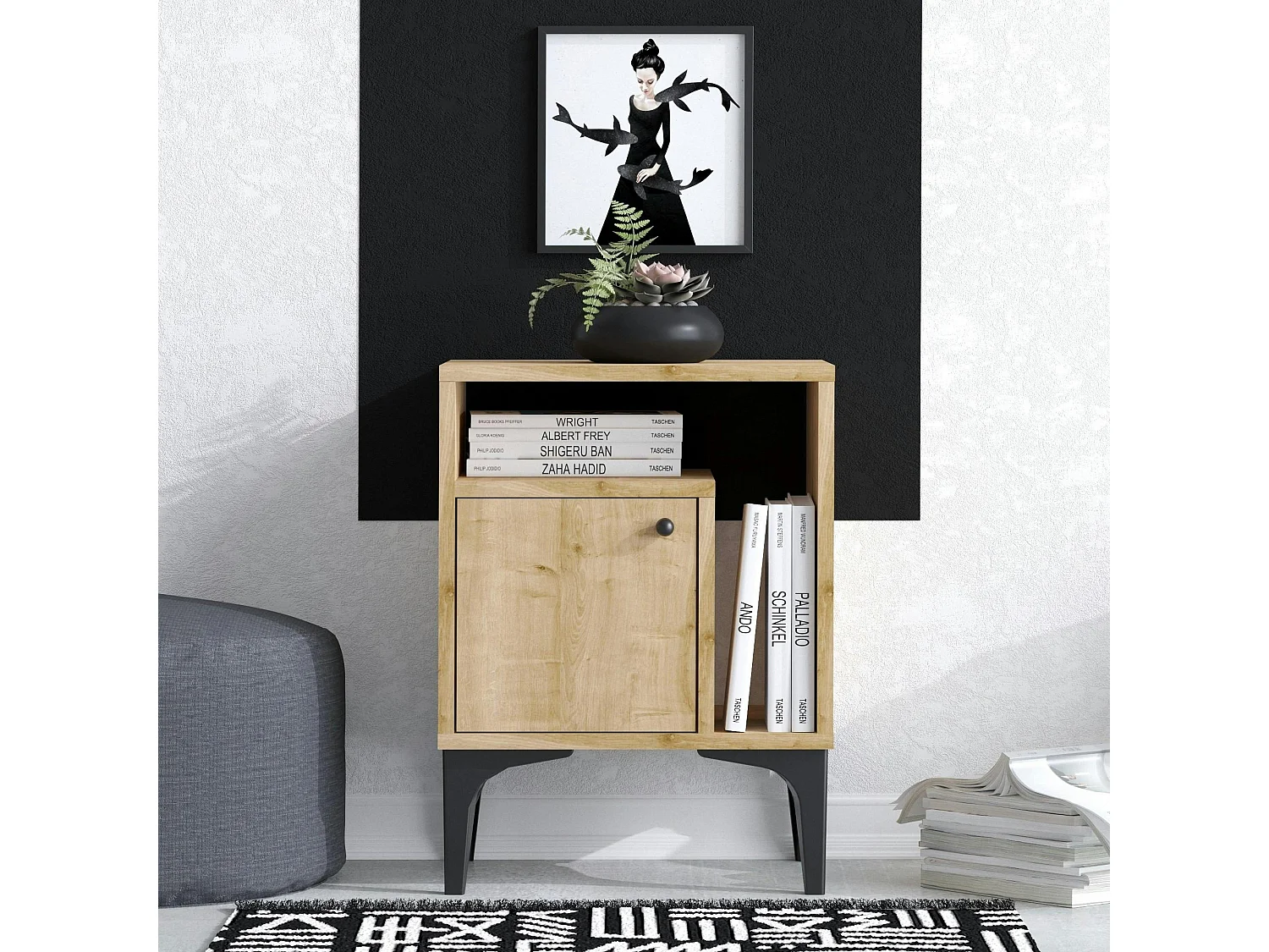 Table de nuit avec rangement effet chêne - 1 porte 1 niche JENA