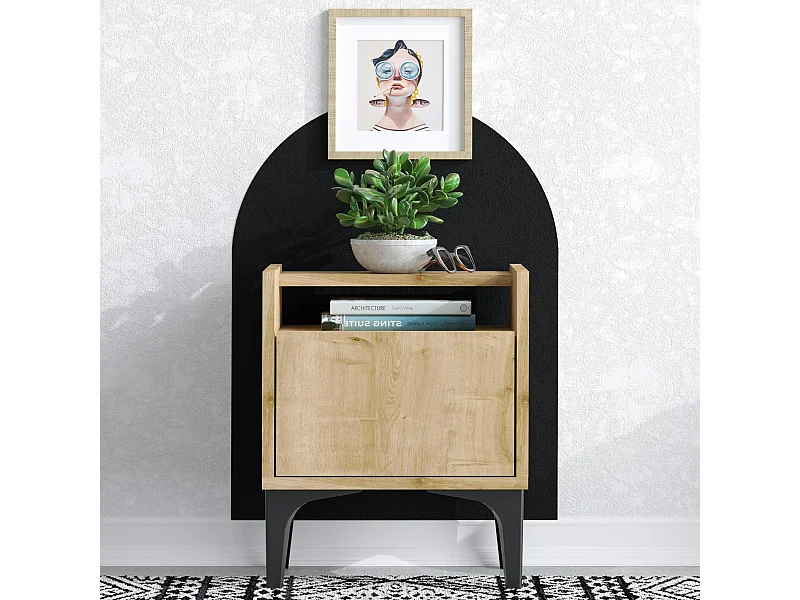Table de nuit avec rangement effet chêne - pieds noirs JENA