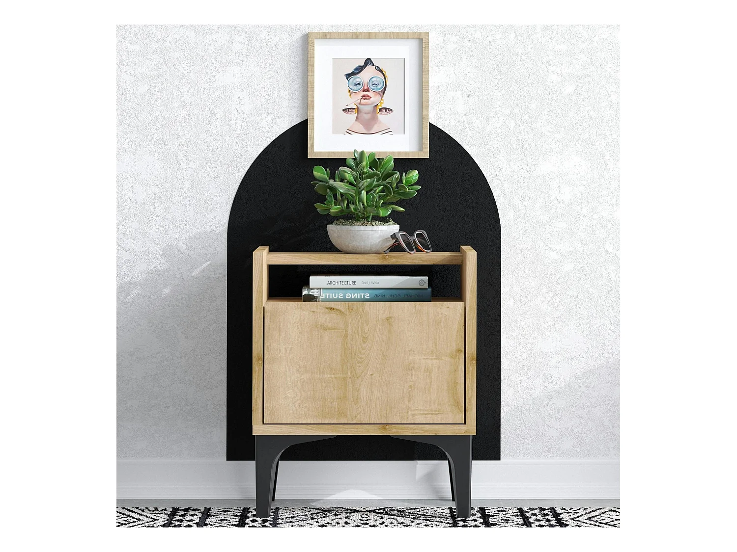 Table de nuit avec rangement effet chêne - pieds noirs JENA
