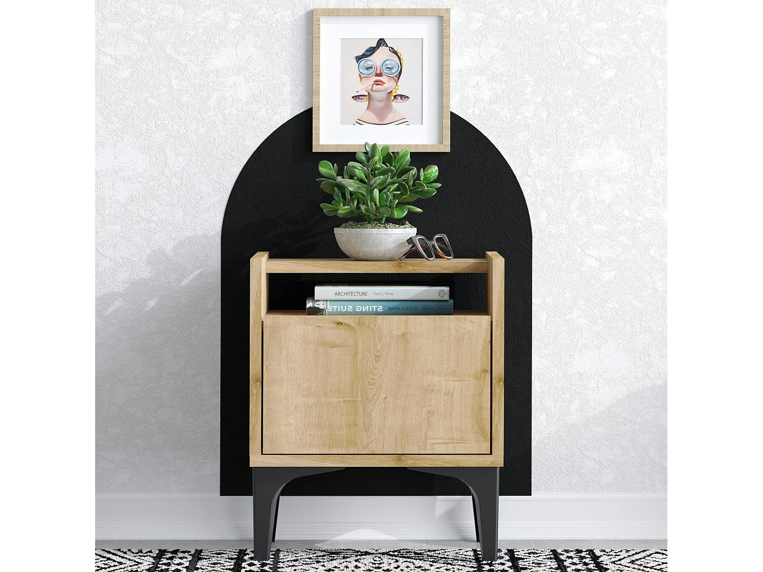 Table de nuit avec rangement effet chêne - pieds noirs JENA