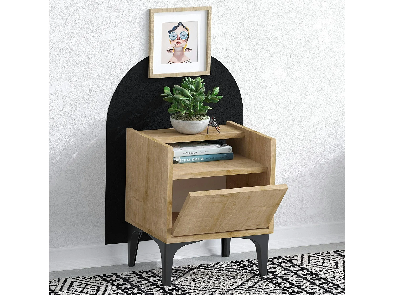 Table de nuit avec rangement effet chêne - pieds noirs JENA