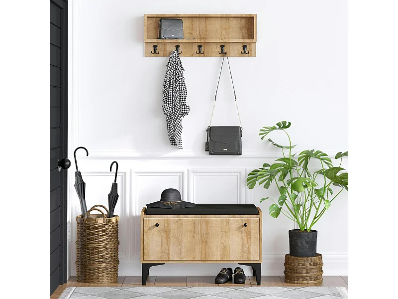 Banquette entrée noire - casier chaussures & portemanteau JENA