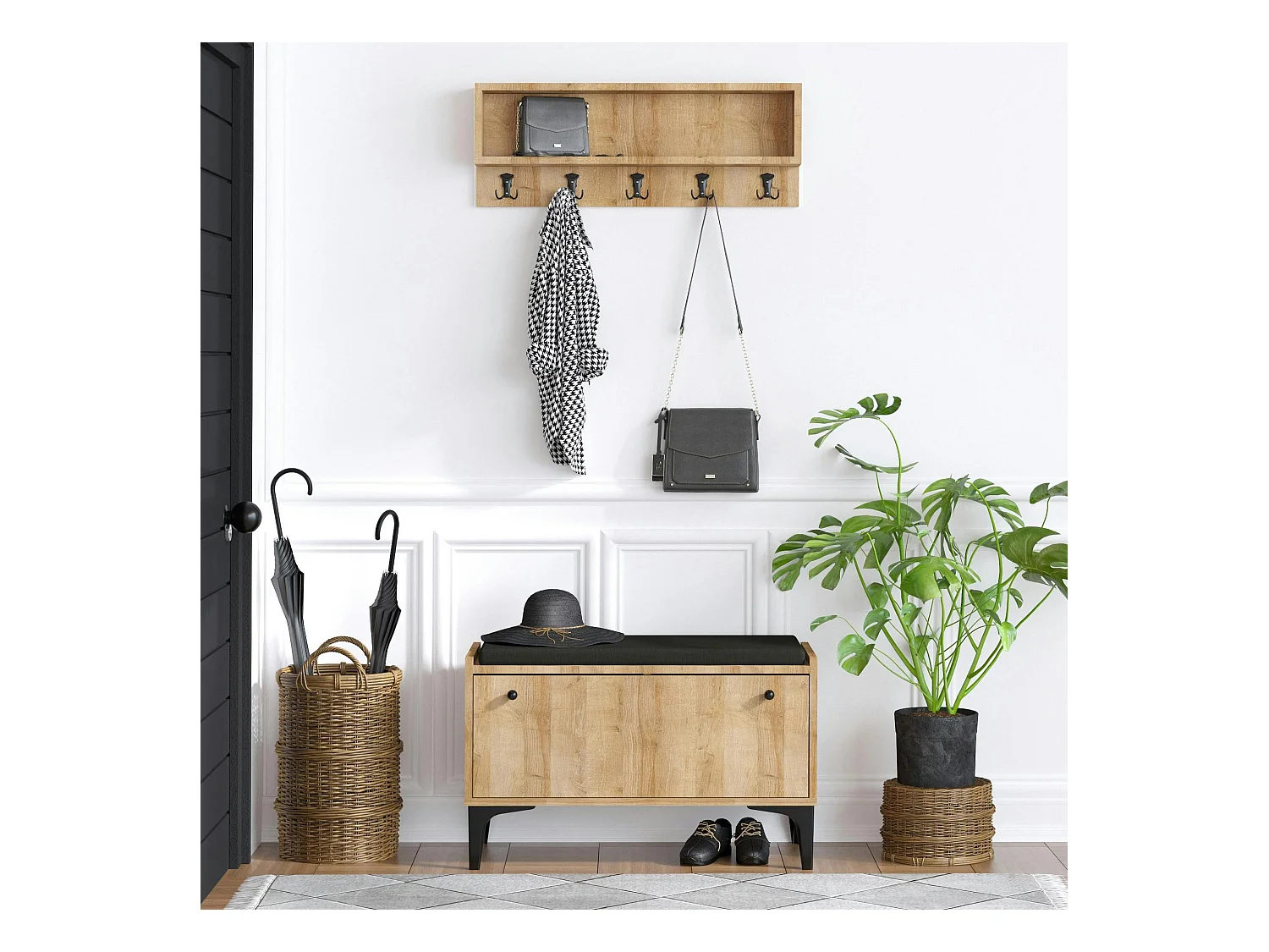 Banquette entrée noire - casier chaussures & portemanteau JENA