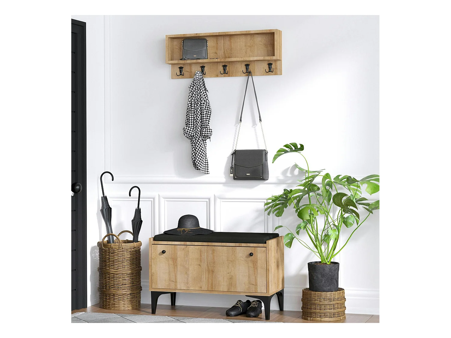 Banquette entrée noire - casier chaussures & portemanteau JENA