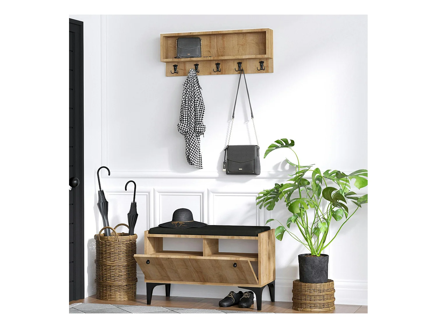 Banquette entrée noire - casier chaussures & portemanteau JENA