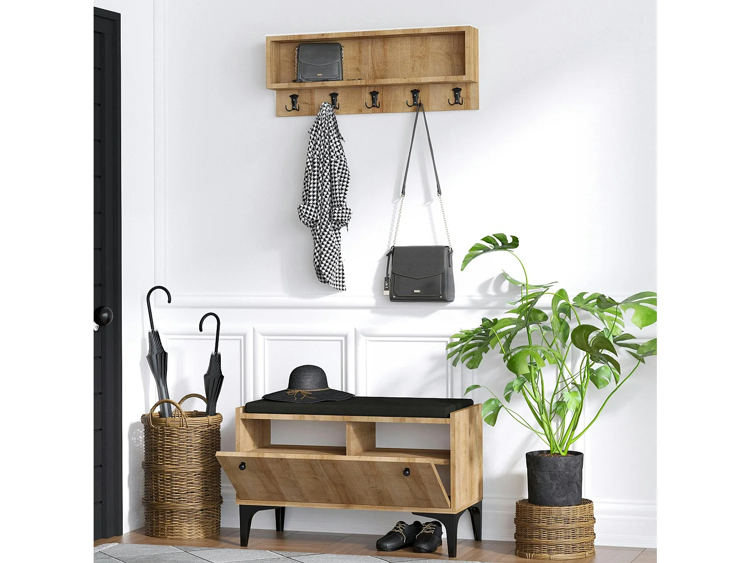 Banquette entrée noire - casier chaussures & portemanteau JENA