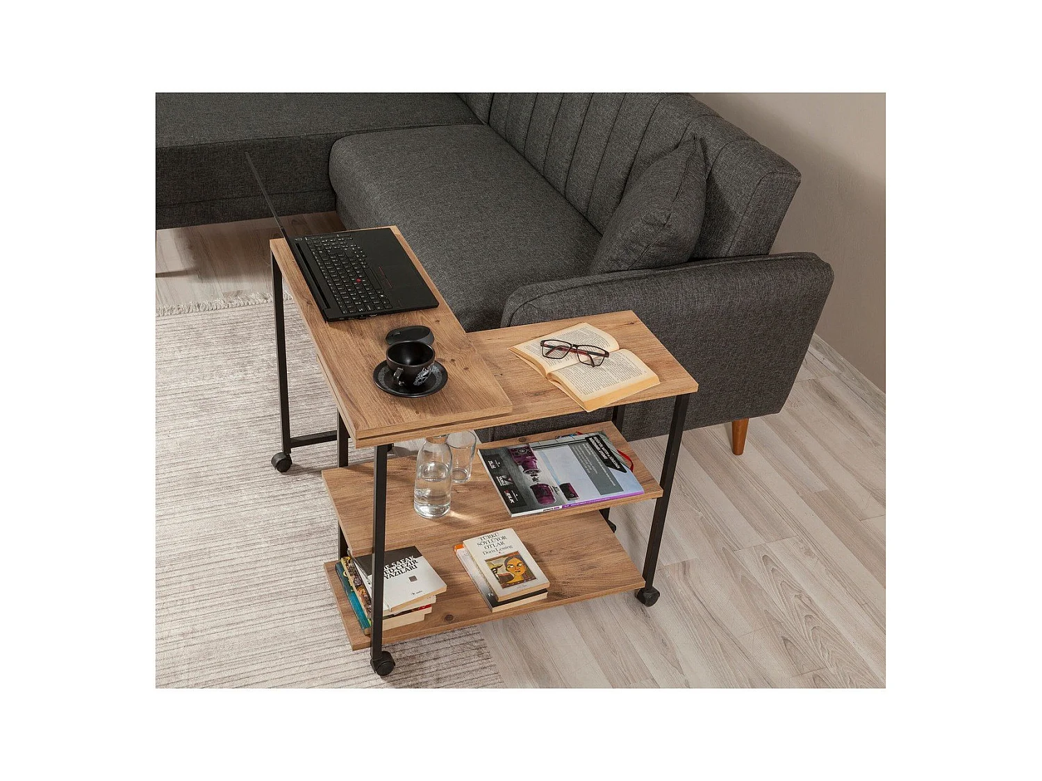 Desserte pivotante à roulettes décor pin atlantique et noir L70 cm - MELIN