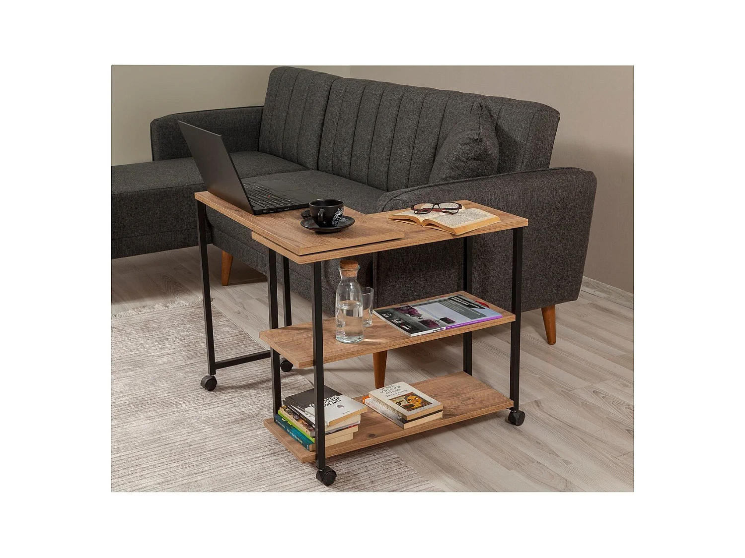 Desserte pivotante à roulettes décor pin atlantique et noir L70 cm - MELIN