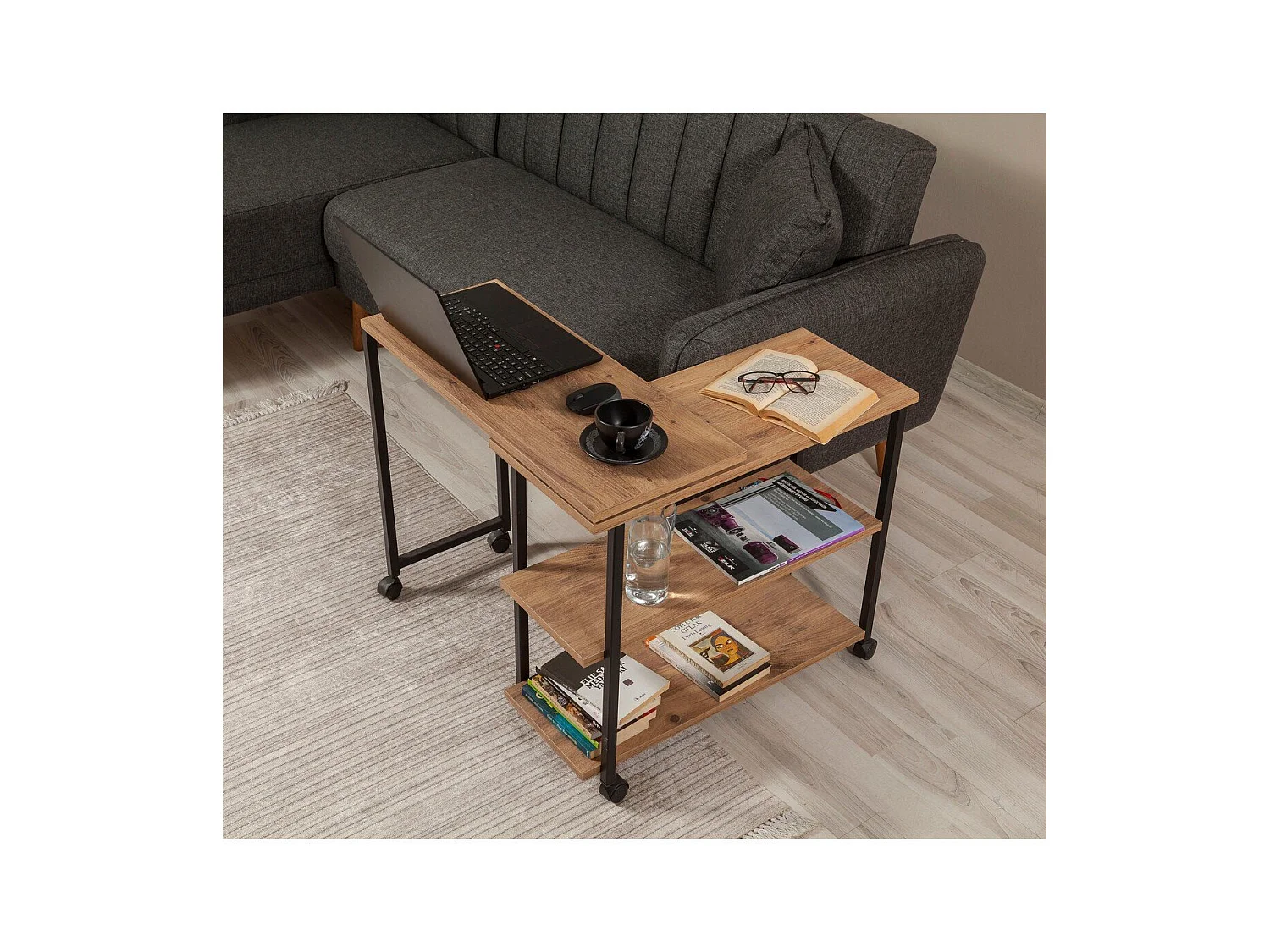 Desserte pivotante à roulettes décor pin atlantique et noir L70 cm - MELIN