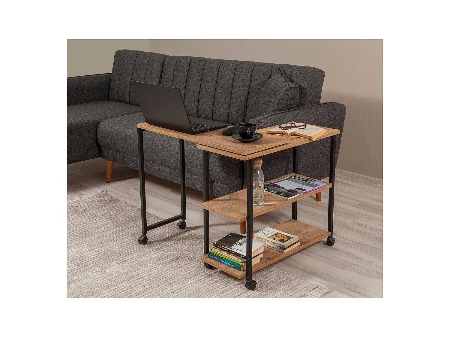 Desserte pivotante à roulettes décor pin atlantique et noir L70 cm - MELIN