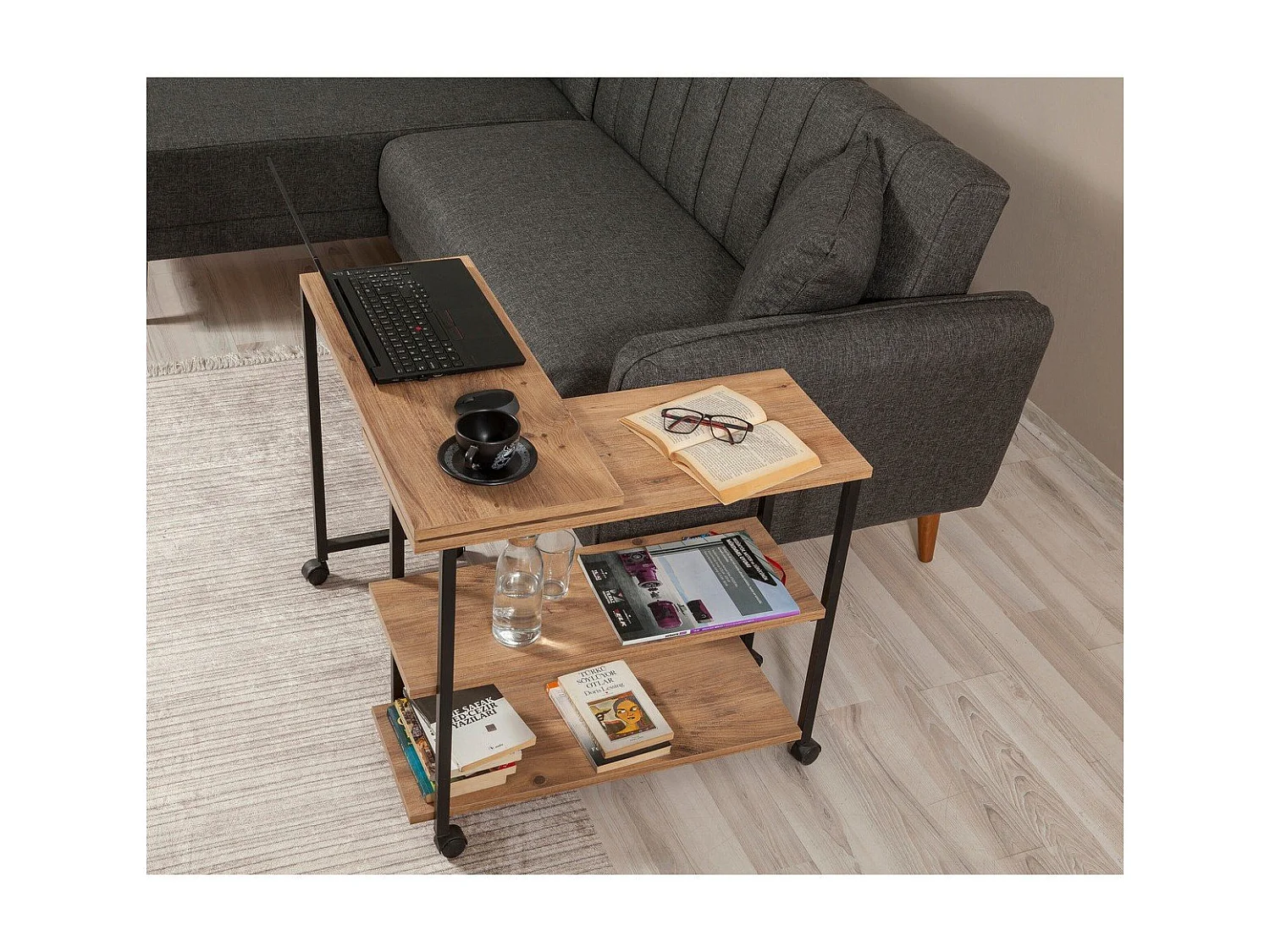 Drehbare Dessertvitrine mit Rollen, Dekor in Atlantik-Kiefer und Schwarz, L70 cm - MELIN