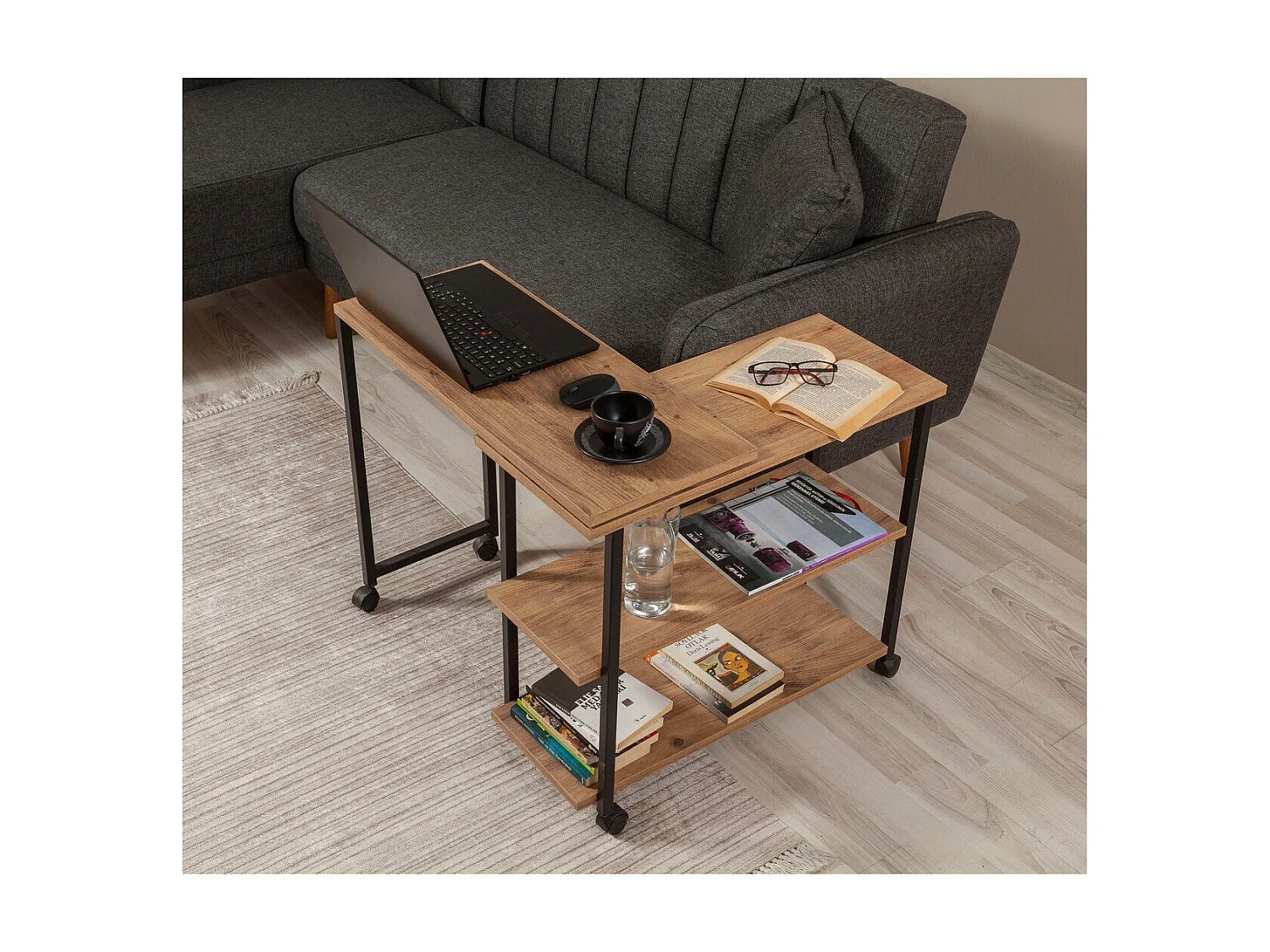 Drehbare Dessertvitrine mit Rollen, Dekor in Atlantik-Kiefer und Schwarz, L70 cm - MELIN