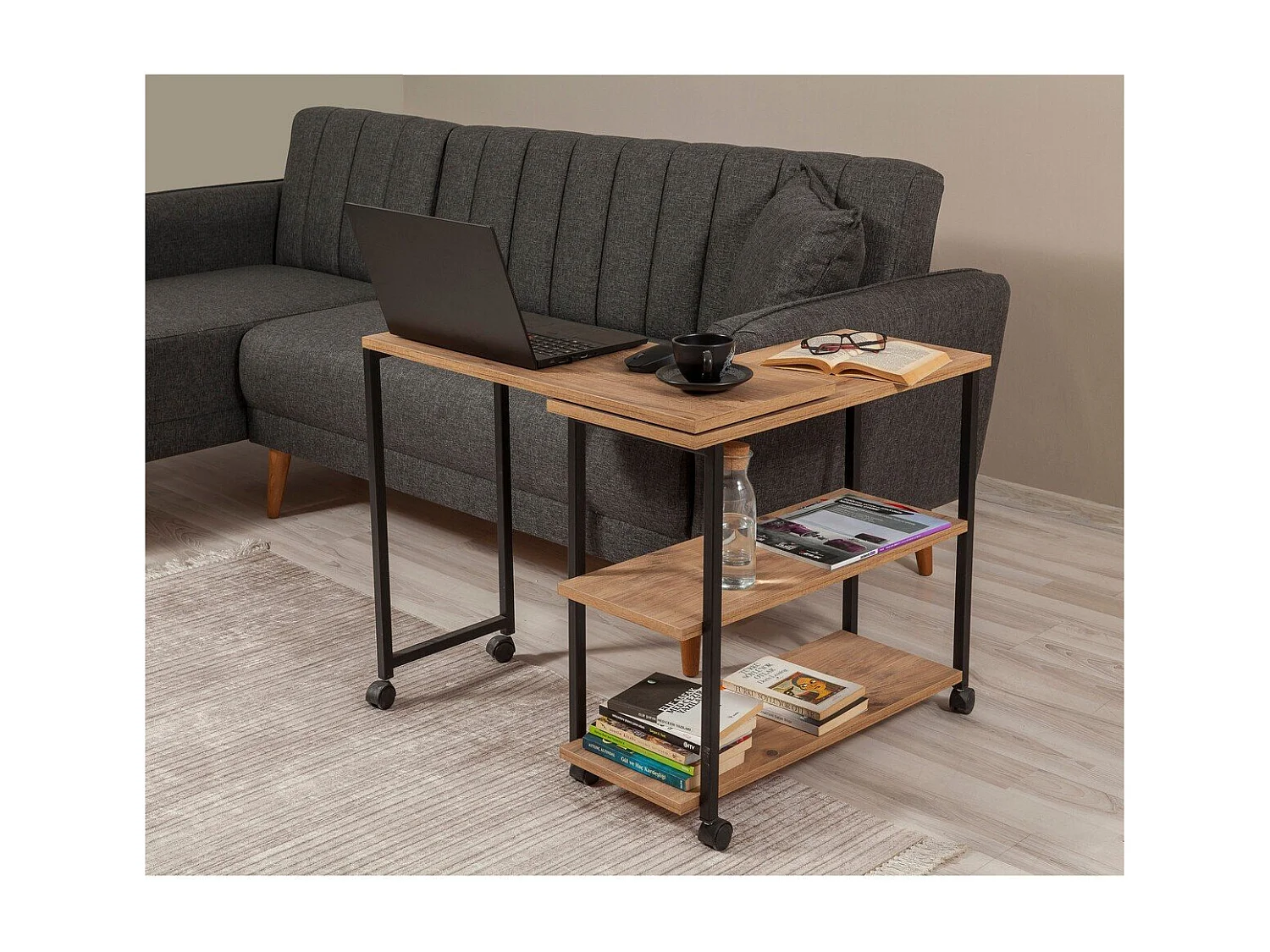 Drehbare Dessertvitrine mit Rollen, Dekor in Atlantik-Kiefer und Schwarz, L70 cm - MELIN