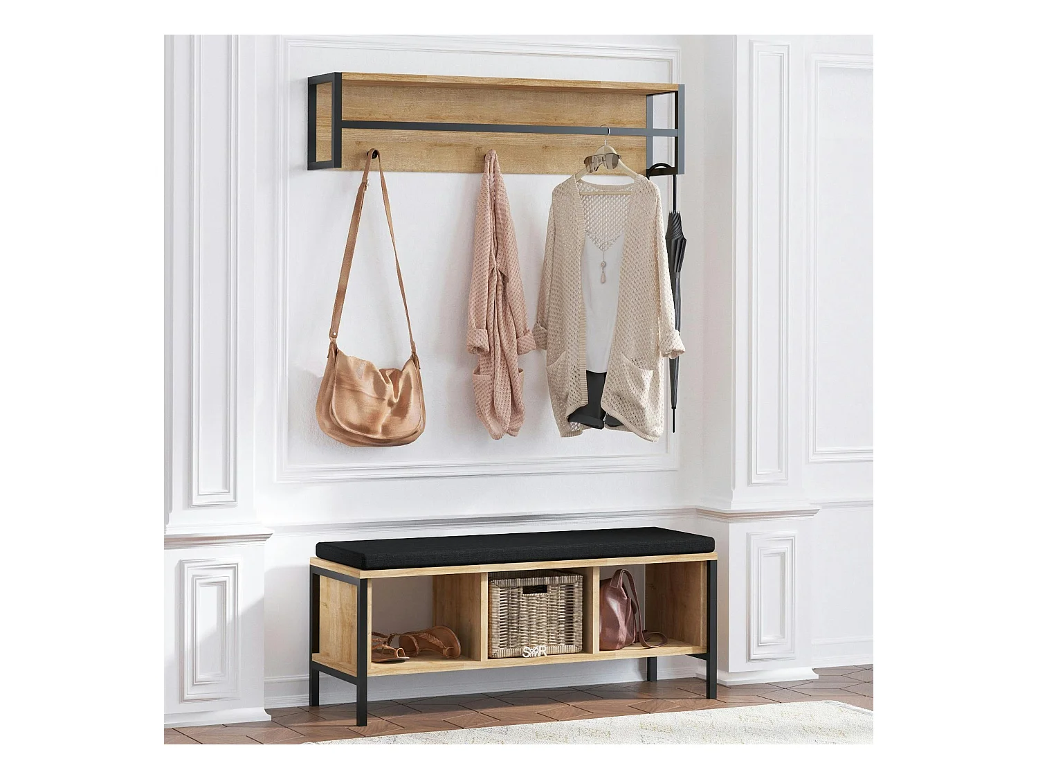 Banc d'entrée noir avec rangement et portemanteau MARFA