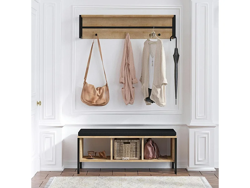 Banc d'entrée noir avec rangement et portemanteau MARFA
