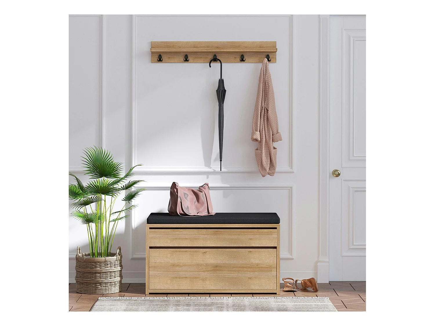 Banquette entrée noire avec rangement et portemanteau MARFA