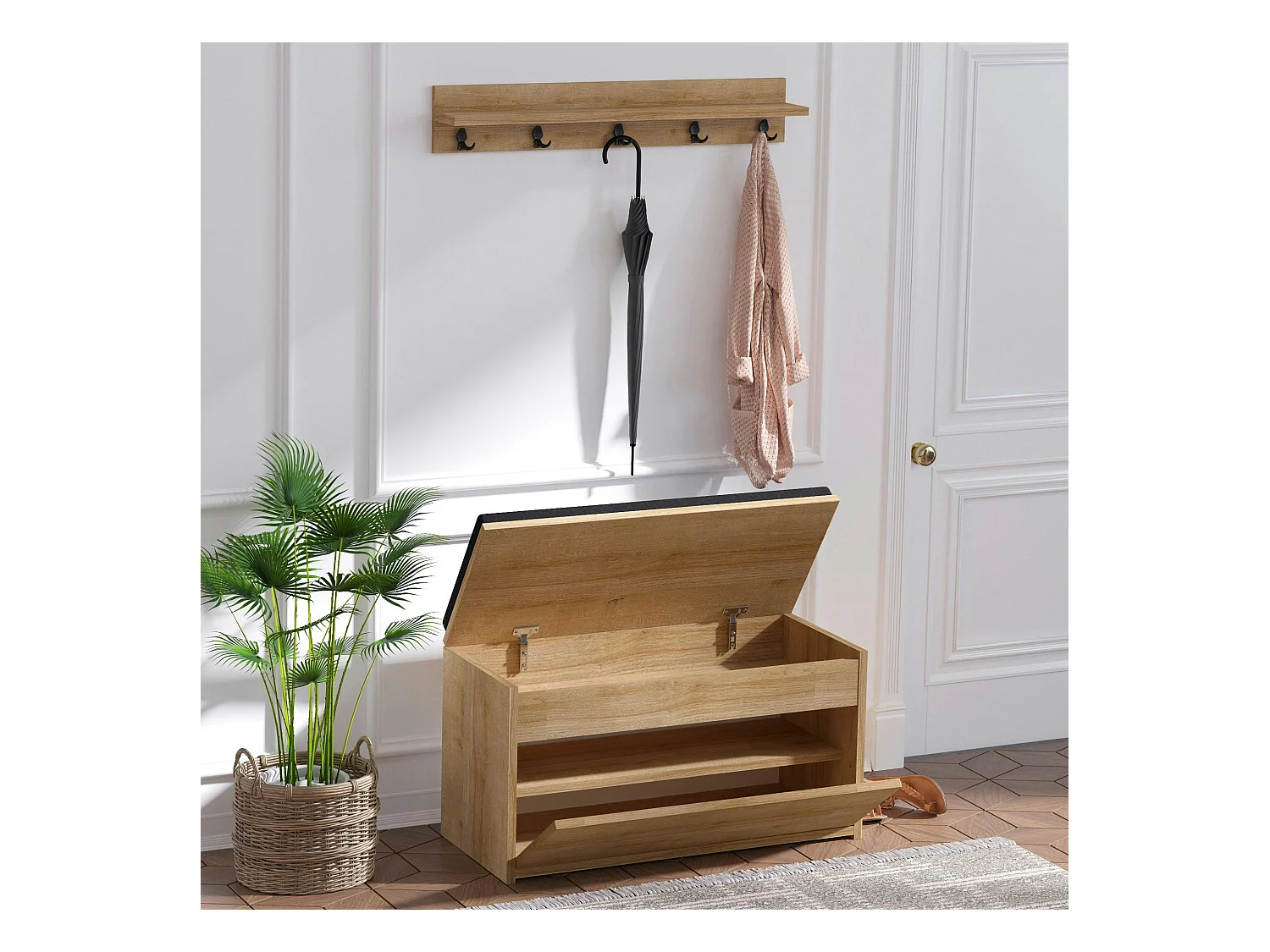 Banquette entrée noire avec rangement et portemanteau MARFA