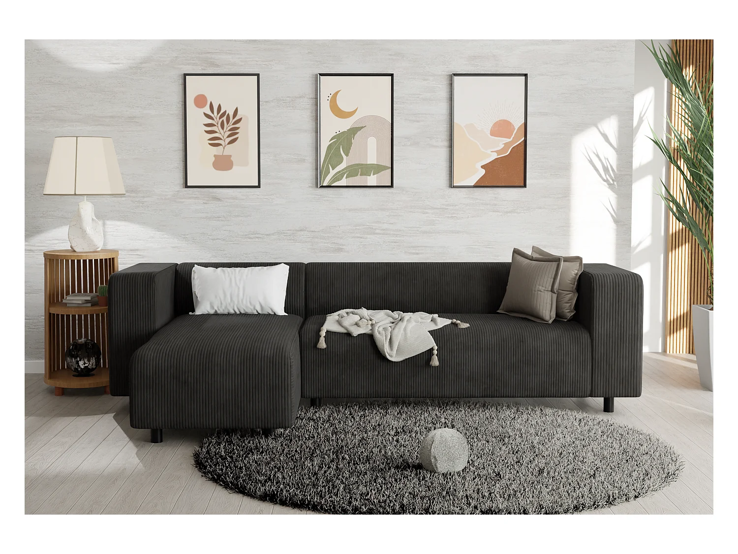 Canapé d’angle moderne avec ottomane en velours côtelé noir avec assise confortable THORA