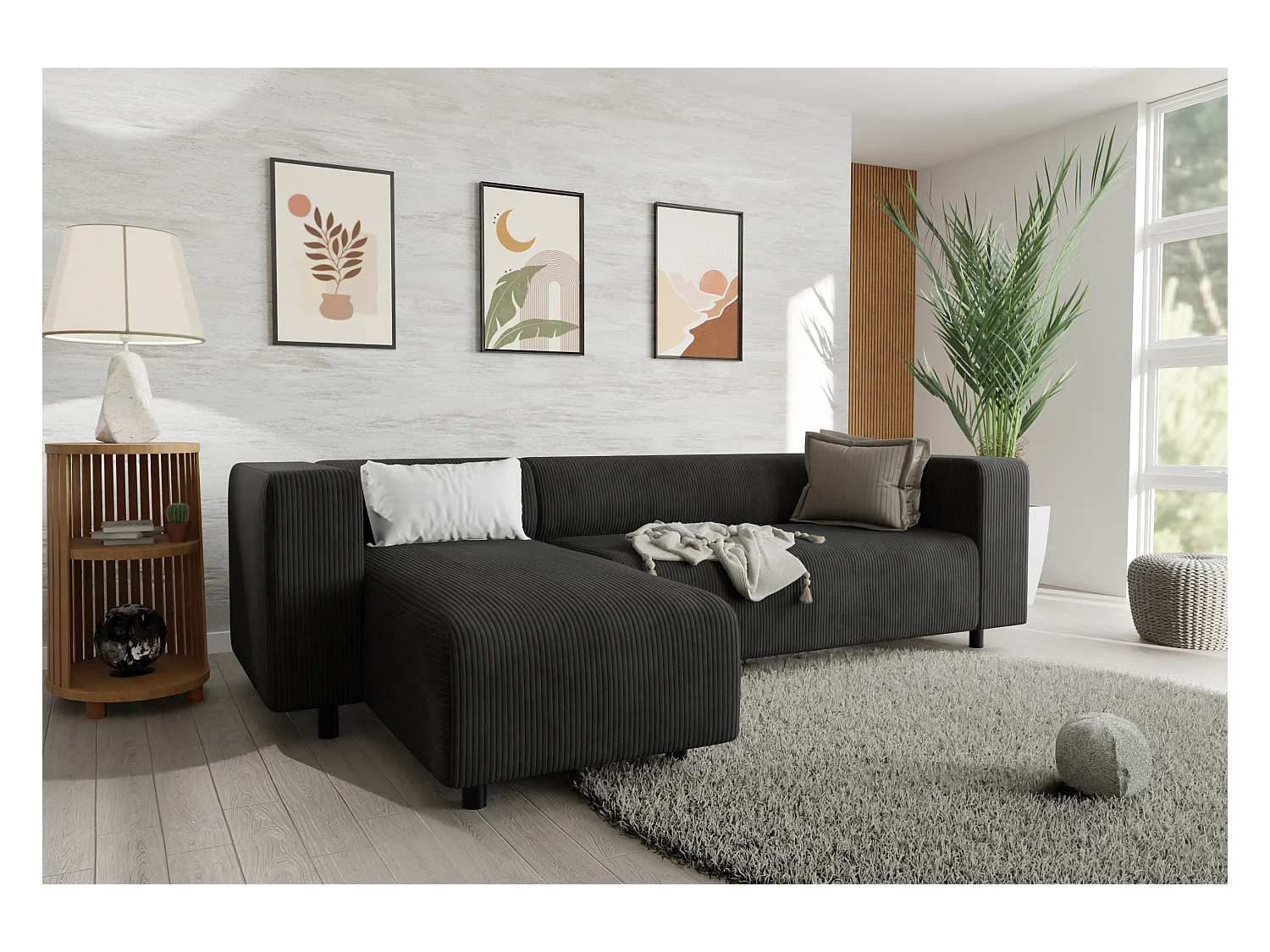 Canapé d’angle moderne avec ottomane en velours côtelé noir avec assise confortable THORA