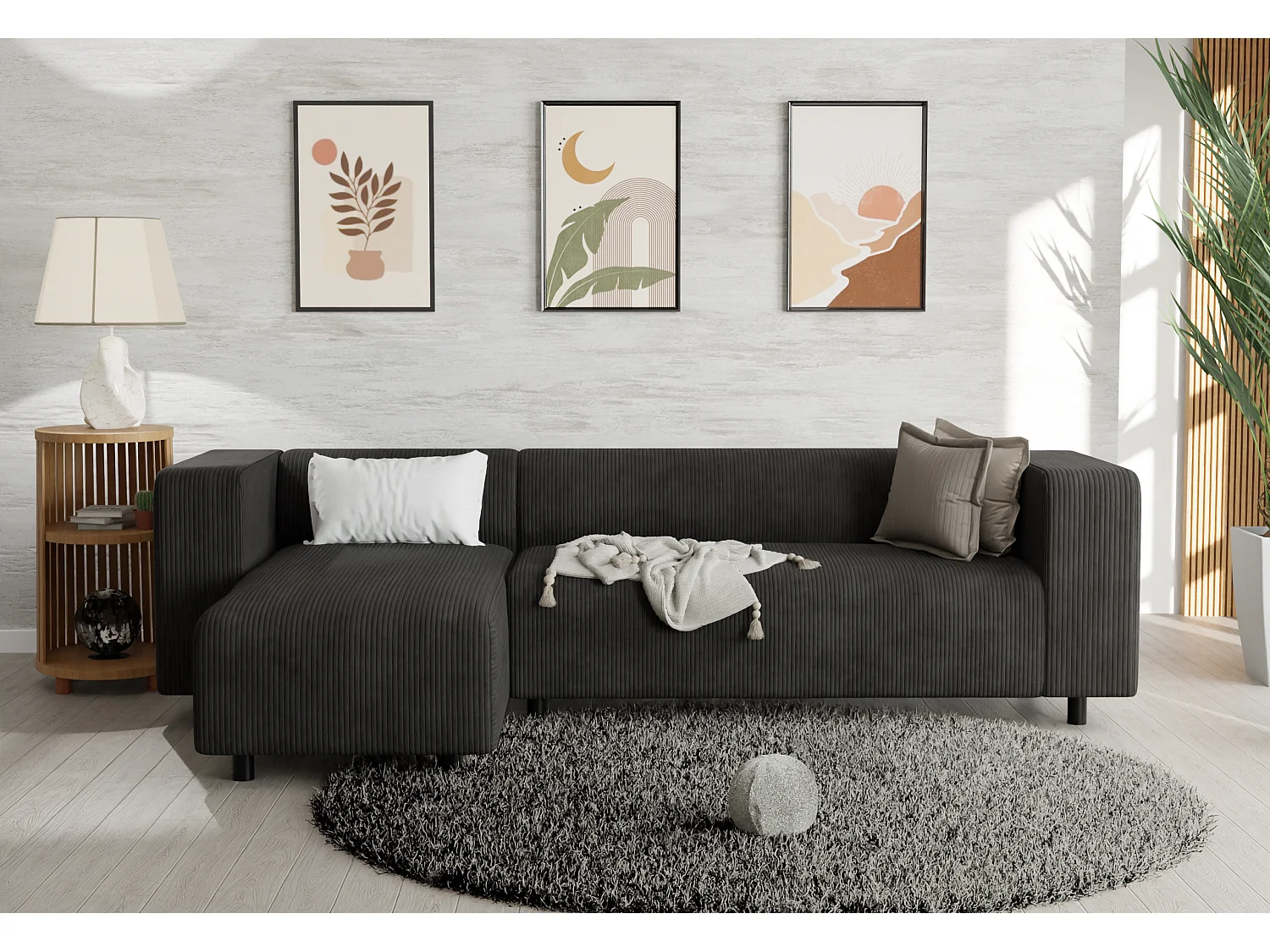 Canapé d’angle moderne avec ottomane en velours côtelé noir avec assise confortable THORA