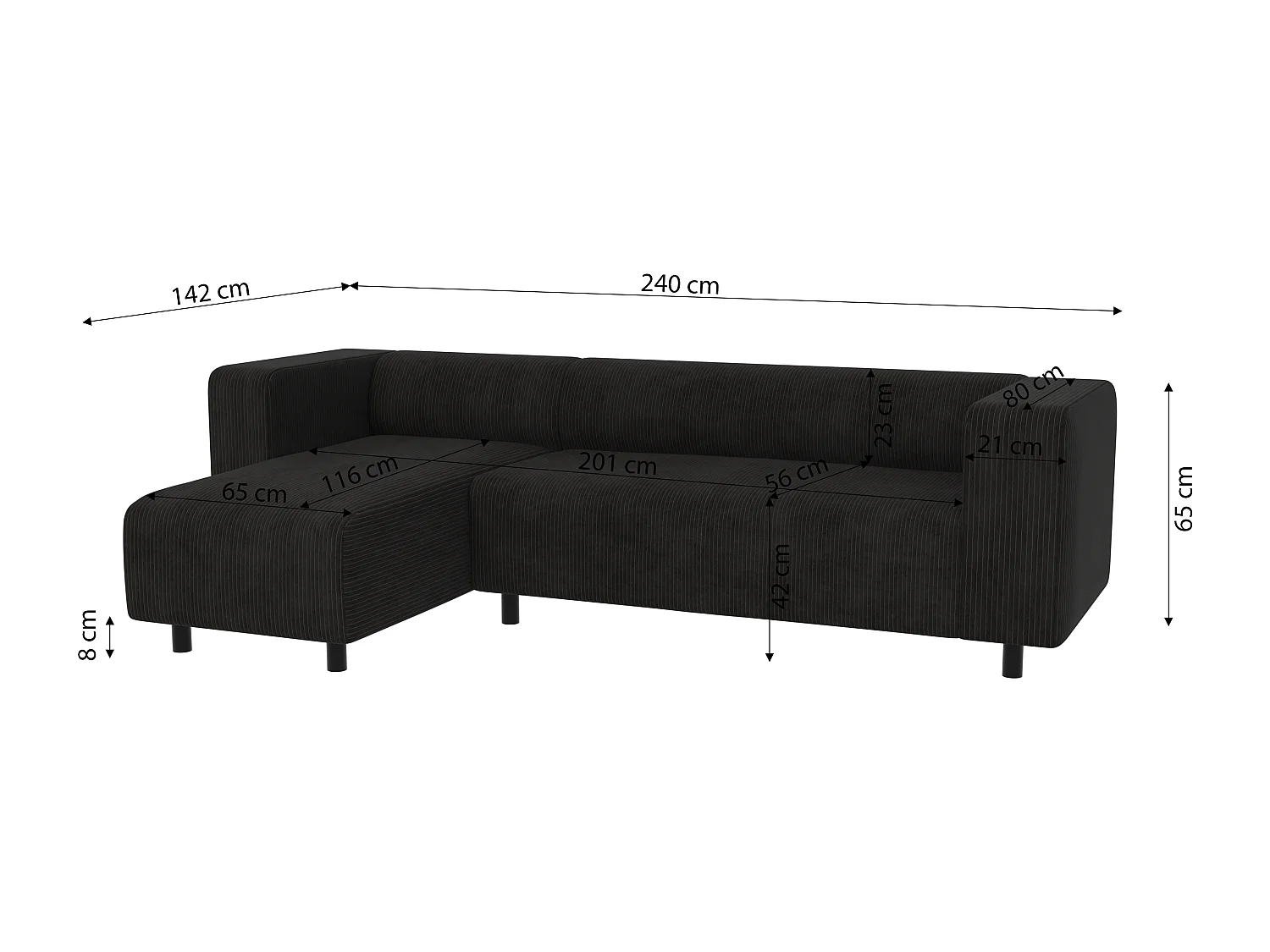 Canapé d’angle moderne avec ottomane en velours côtelé noir avec assise confortable THORA