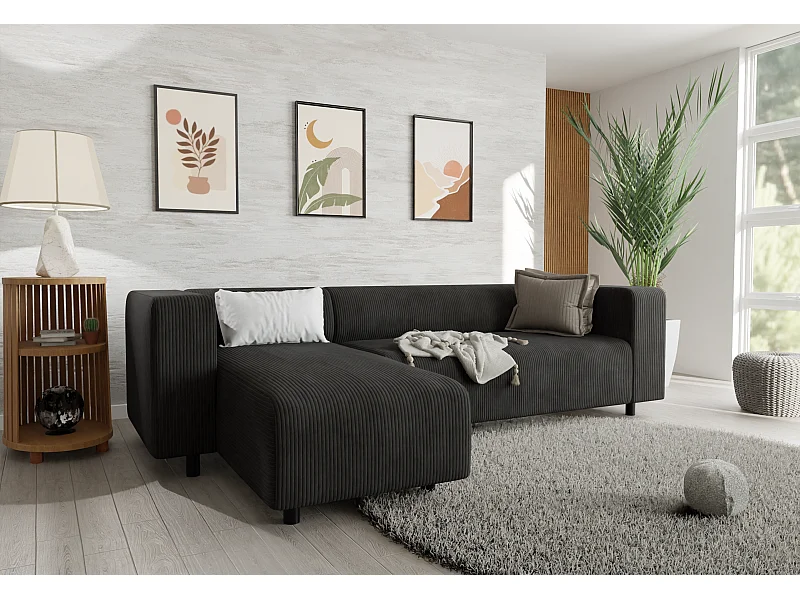 Canapé d’angle moderne avec ottomane en velours côtelé noir avec assise confortable THORA