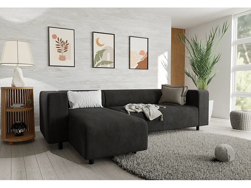 Canapé d’angle moderne avec ottomane en velours côtelé noir avec assise confortable THORA