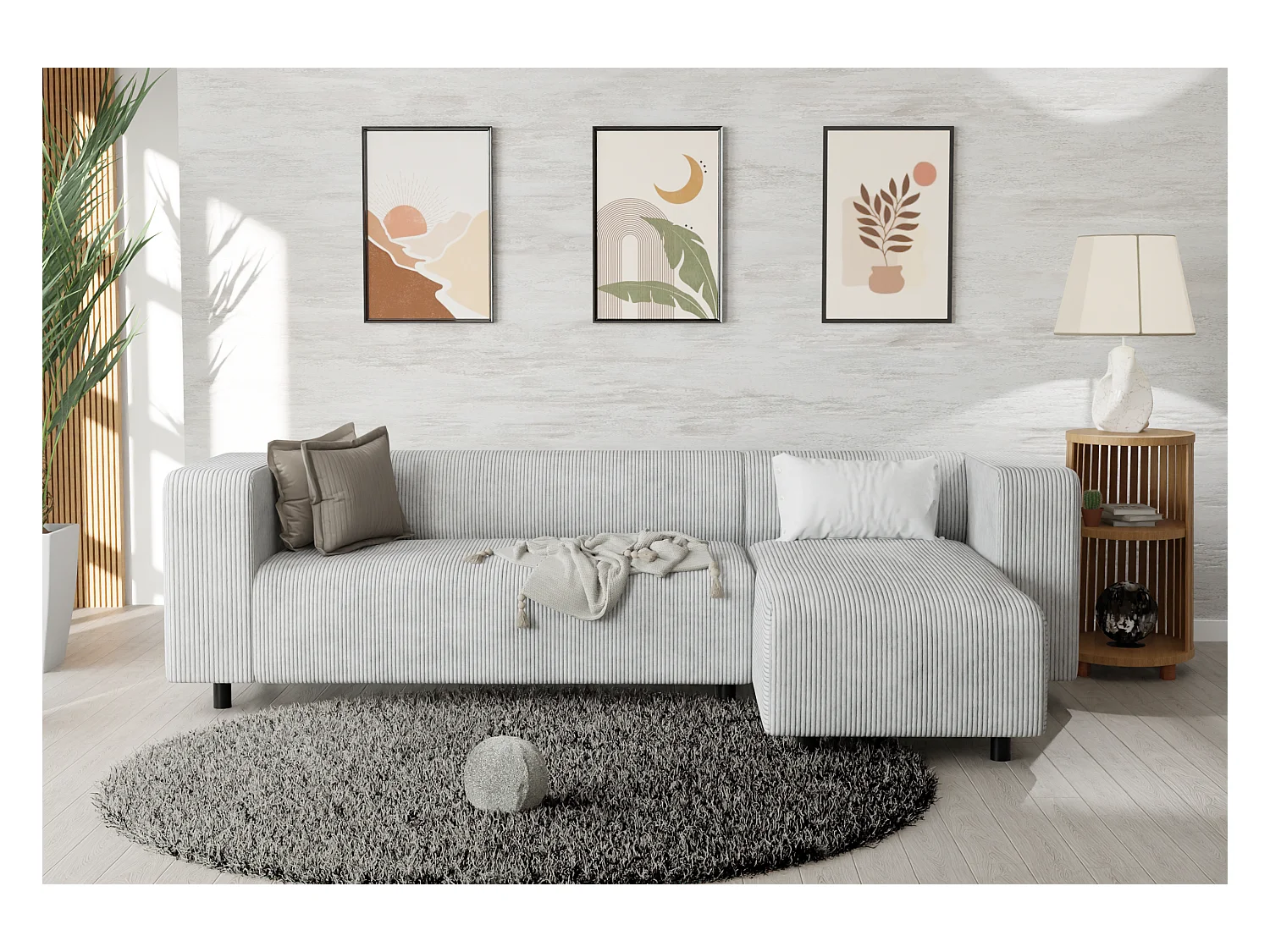 Canapé d’angle moderne avec ottomane en velours côtelé gris clair avec assise confortable THORA