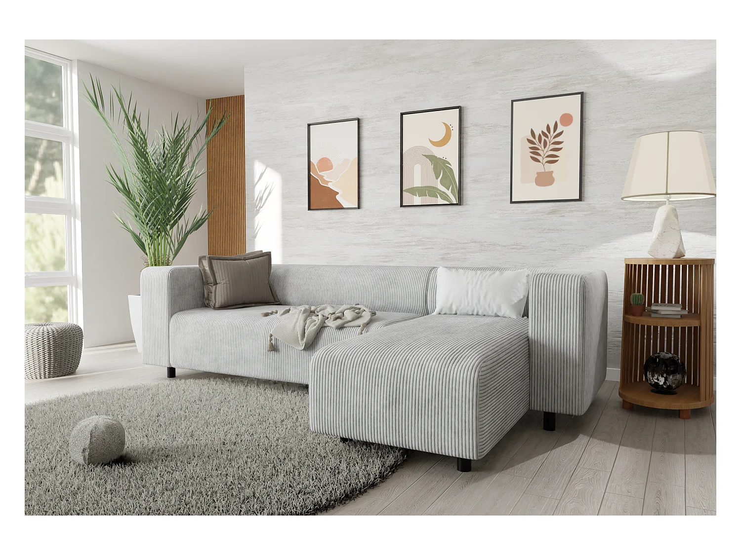 Canapé d’angle moderne avec ottomane en velours côtelé gris clair avec assise confortable THORA
