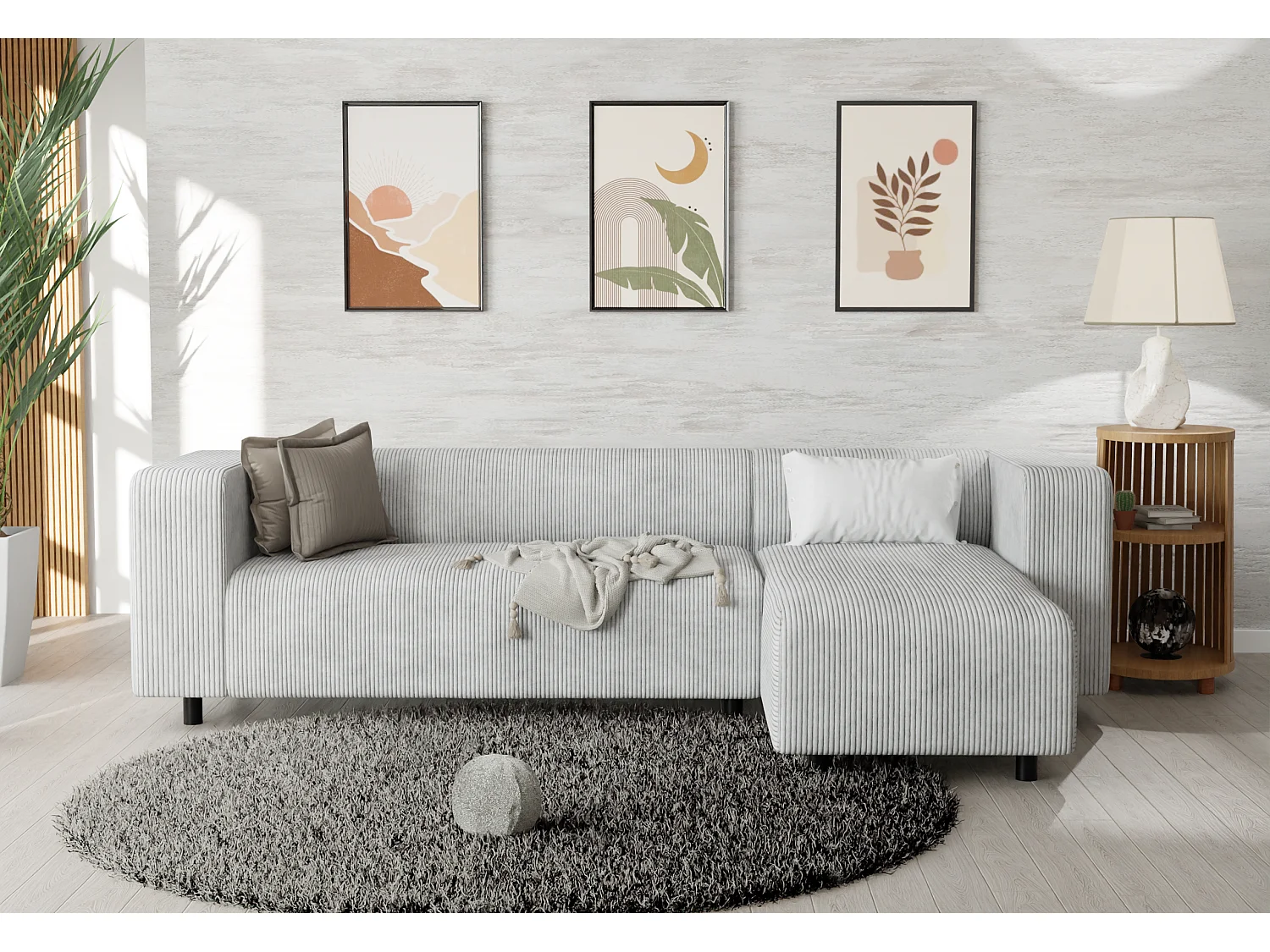 Canapé d’angle moderne avec ottomane en velours côtelé gris clair avec assise confortable THORA