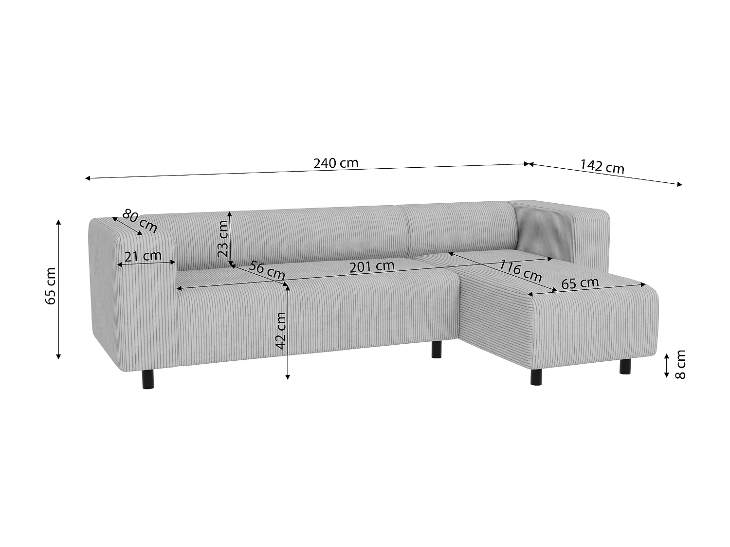 Canapé d’angle moderne avec ottomane en velours côtelé gris clair avec assise confortable THORA