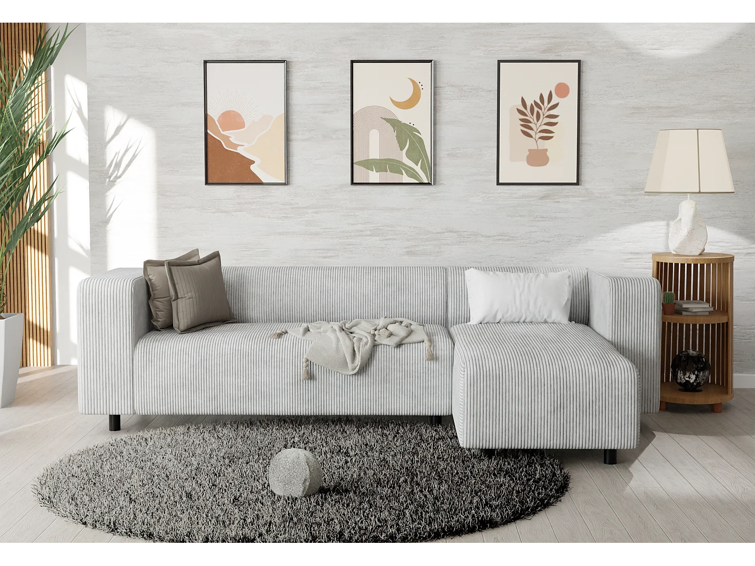 Canapé d’angle moderne avec ottomane en velours côtelé gris clair avec assise confortable THORA