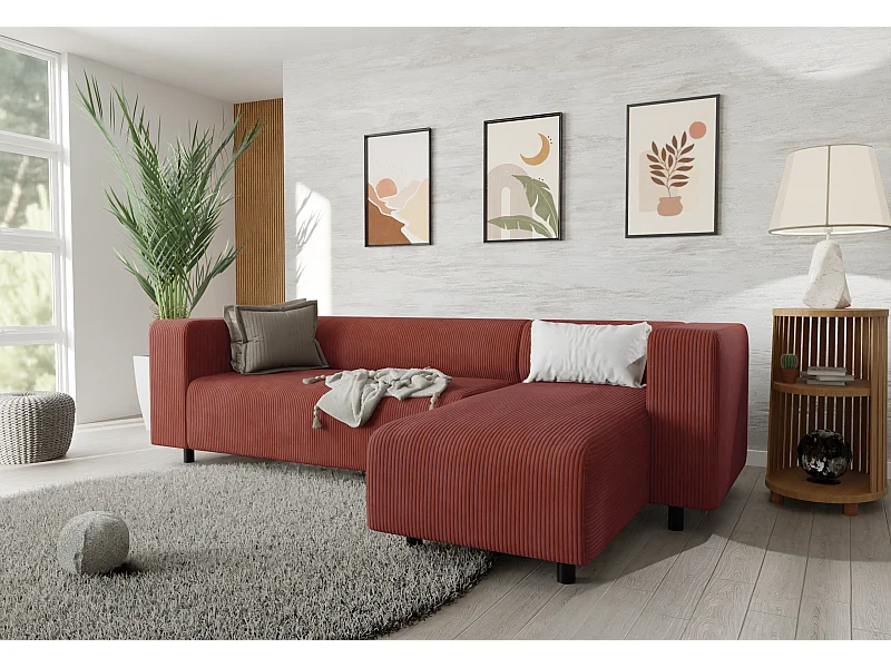 Canapé d’angle moderne avec ottomane en velours côtelé terracotta avec assise confortable THORA