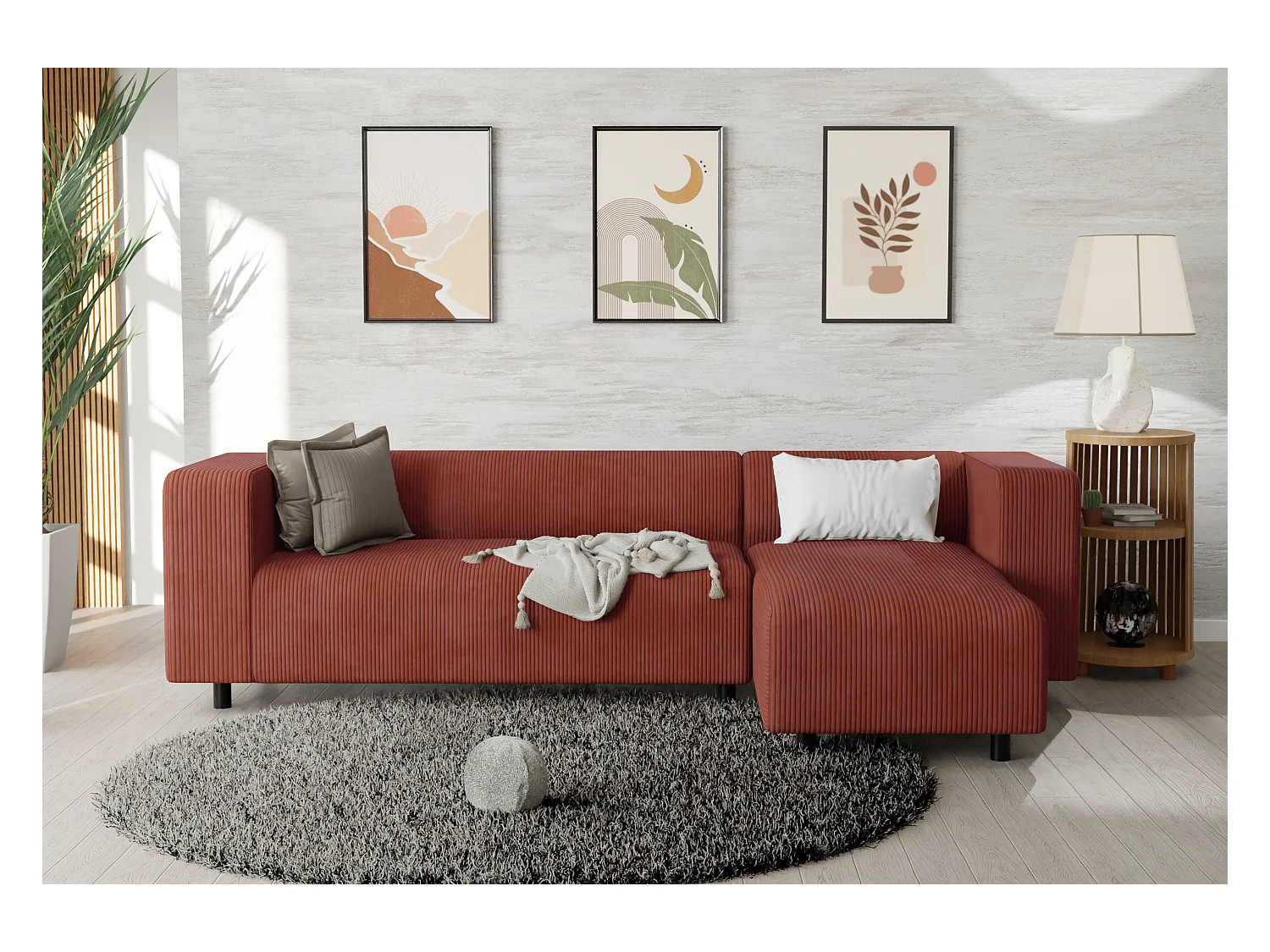 Canapé d’angle moderne avec ottomane en velours côtelé terracotta avec assise confortable THORA