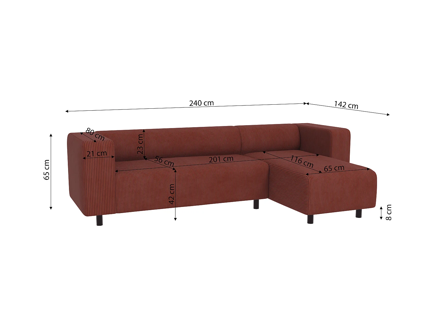 Canapé d’angle moderne avec ottomane en velours côtelé terracotta avec assise confortable THORA