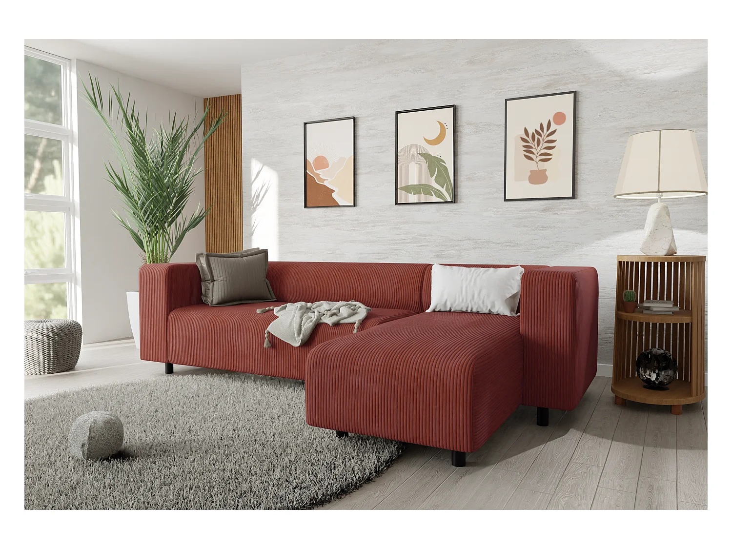 Canapé d’angle moderne avec ottomane en velours côtelé terracotta avec assise confortable THORA