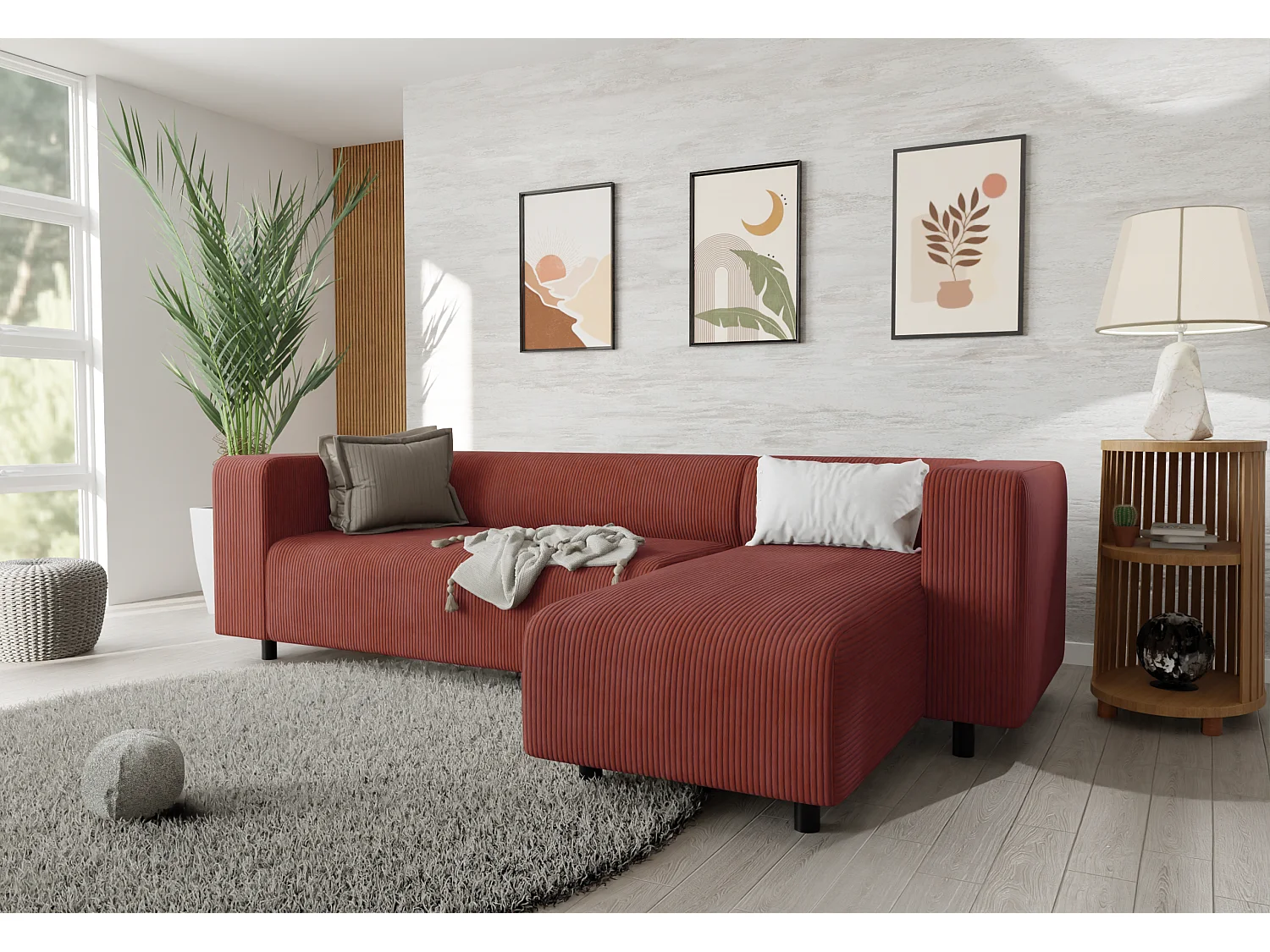 Canapé d’angle moderne avec ottomane en velours côtelé terracotta avec assise confortable THORA