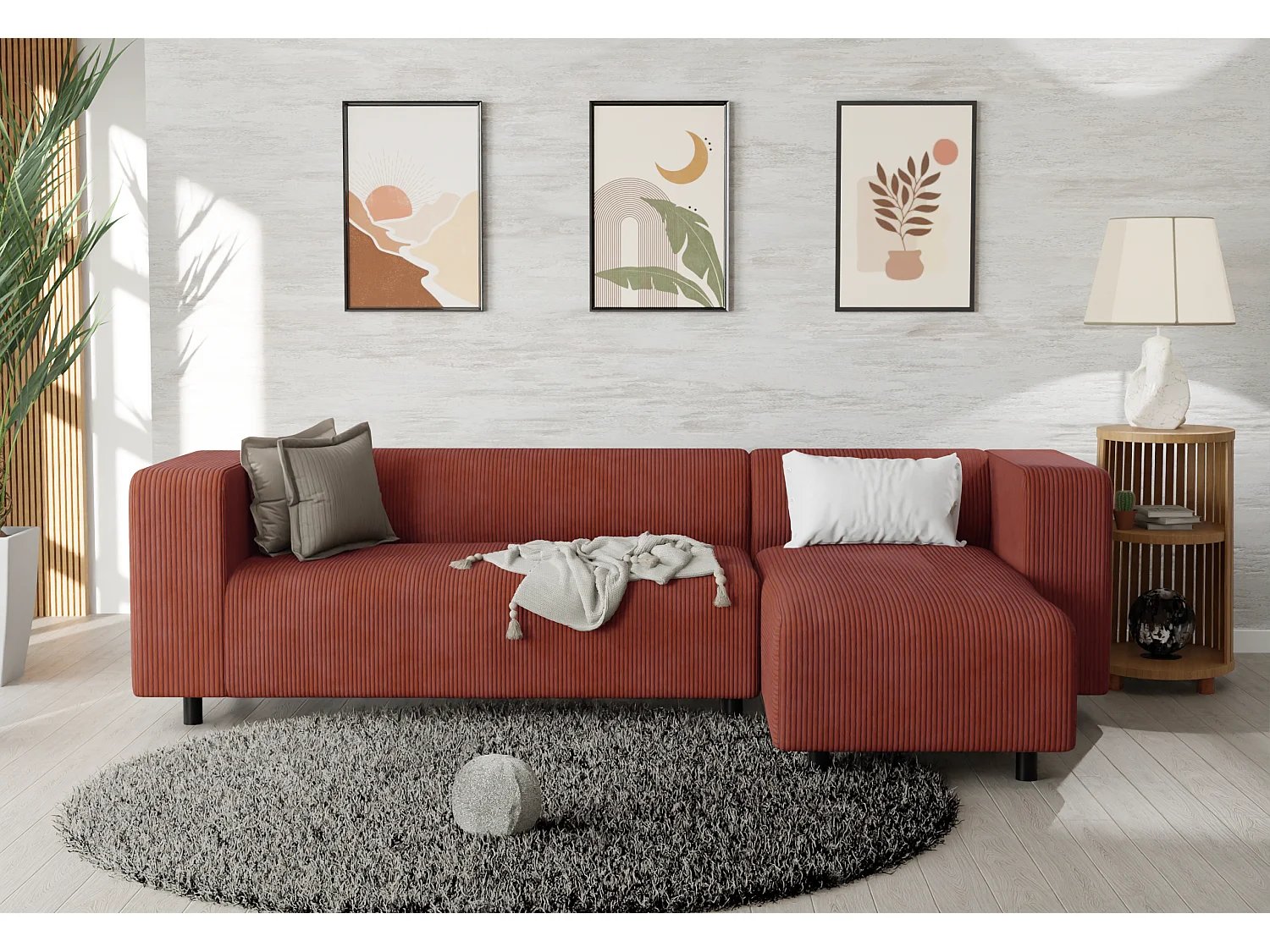 Canapé d’angle moderne avec ottomane en velours côtelé terracotta avec assise confortable THORA