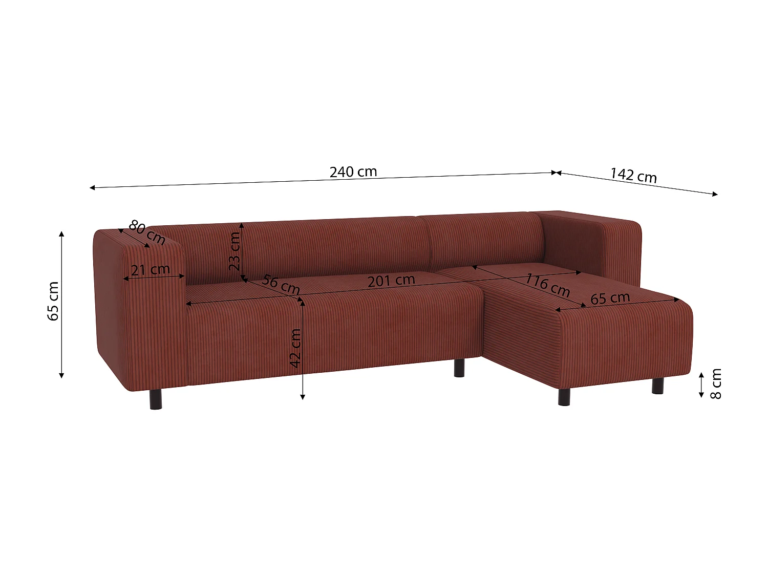 Canapé d’angle moderne avec ottomane en velours côtelé terracotta avec assise confortable THORA