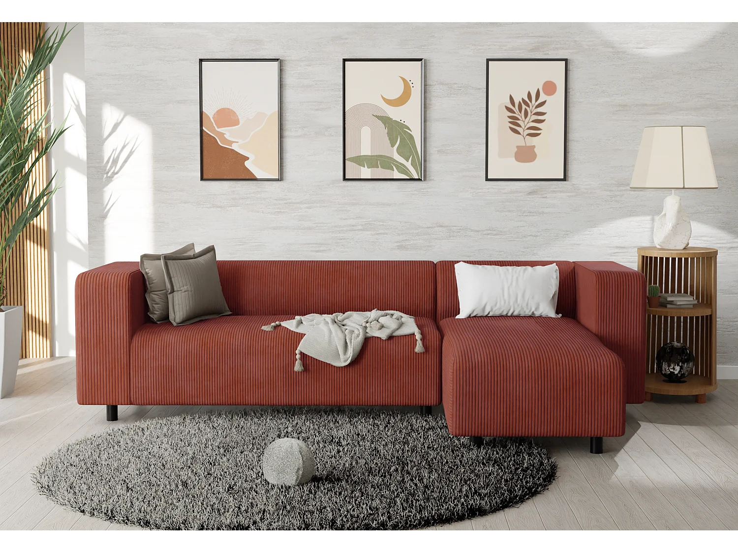 Canapé d’angle moderne avec ottomane en velours côtelé terracotta avec assise confortable THORA