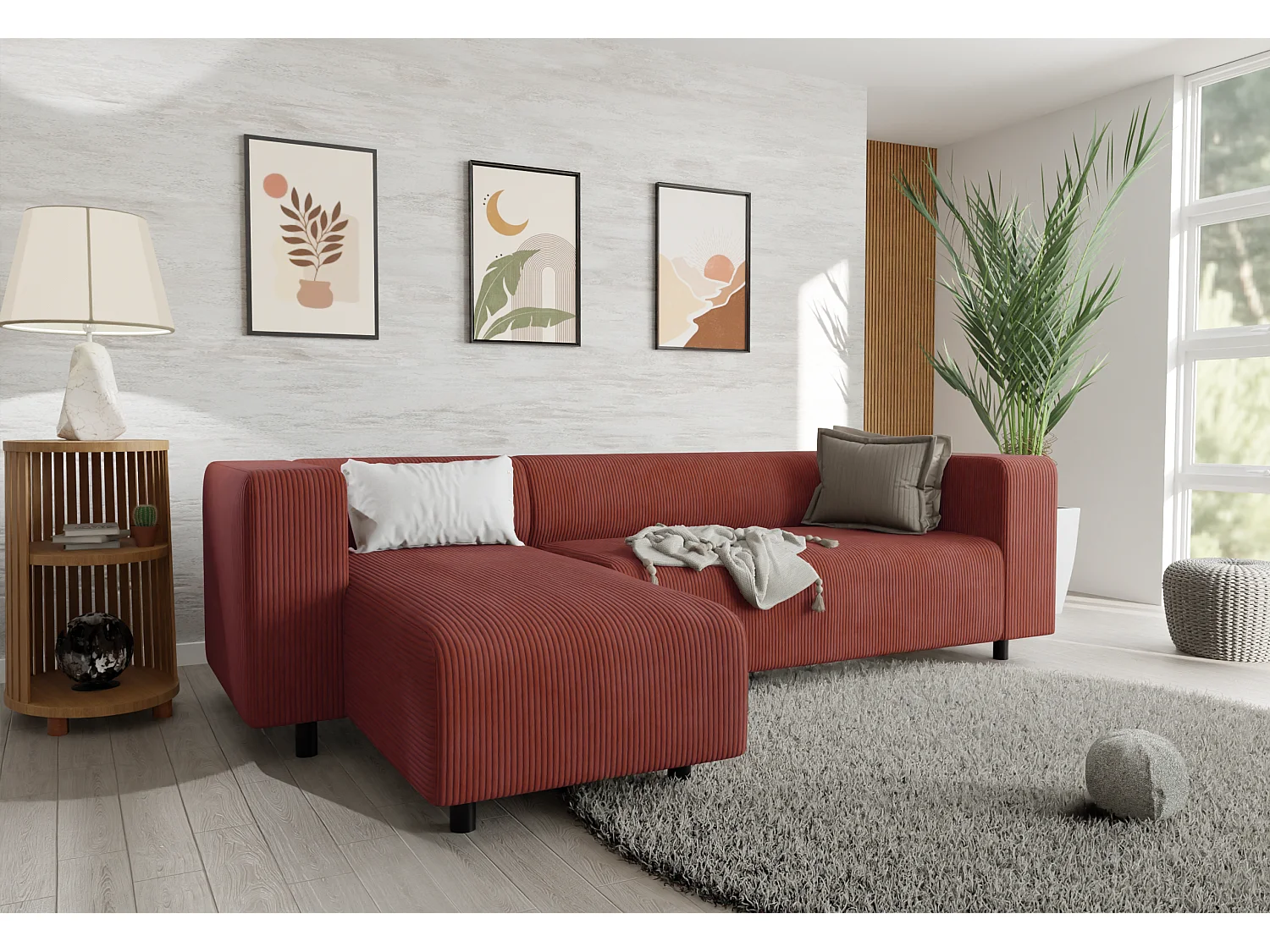 Canapé d’angle moderne avec ottomane en velours côtelé terracotta avec assise confortable THORA