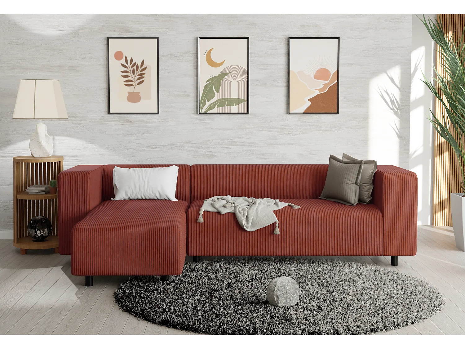 Canapé d’angle moderne avec ottomane en velours côtelé terracotta avec assise confortable THORA