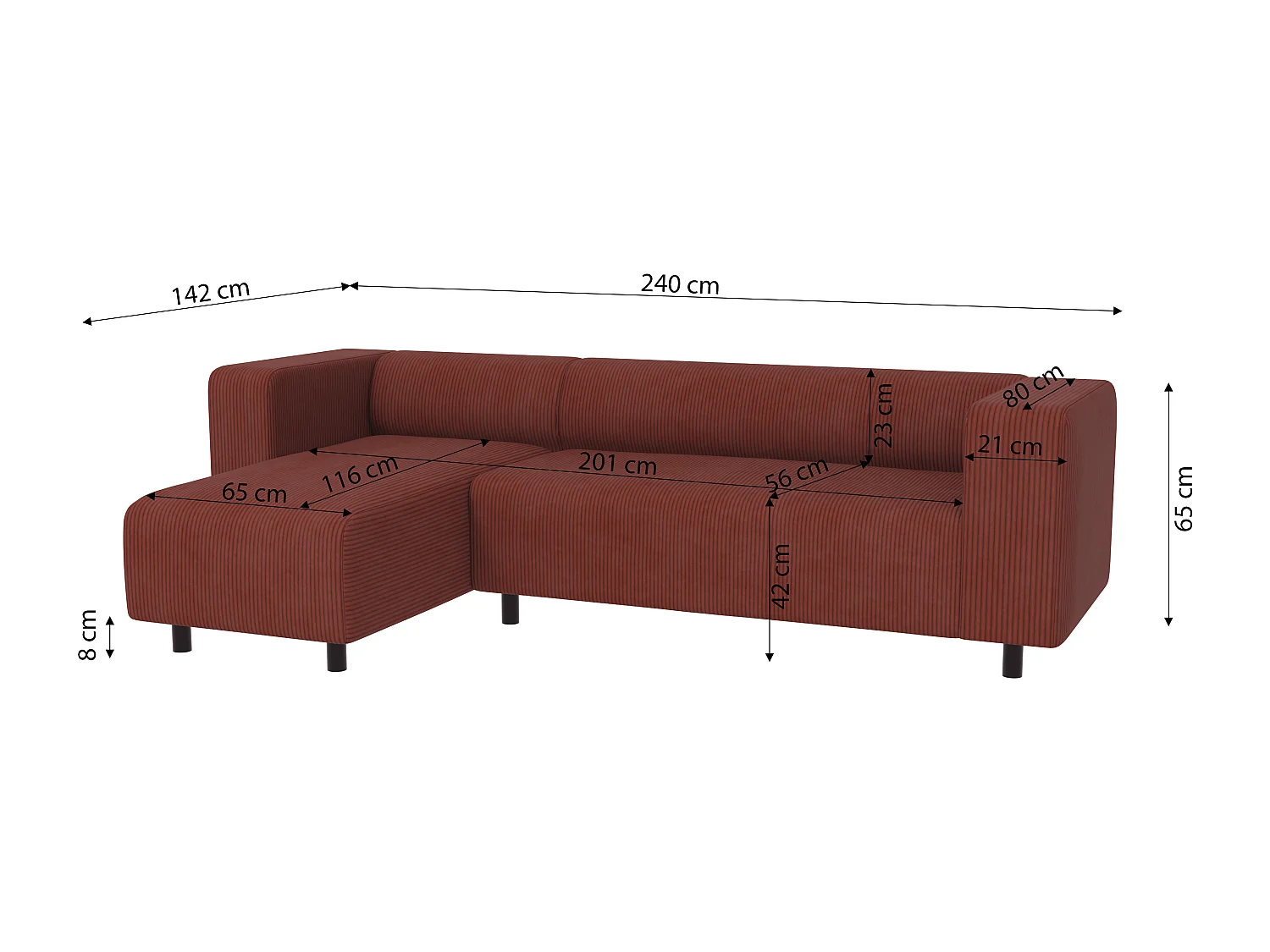 Canapé d’angle moderne avec ottomane en velours côtelé terracotta avec assise confortable THORA