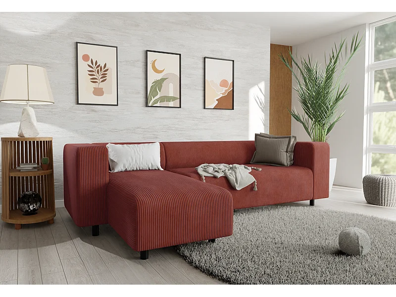 Canapé d’angle moderne avec ottomane en velours côtelé terracotta avec assise confortable THORA