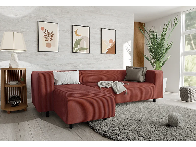 Canapé d’angle moderne avec ottomane en velours côtelé terracotta avec assise confortable THORA