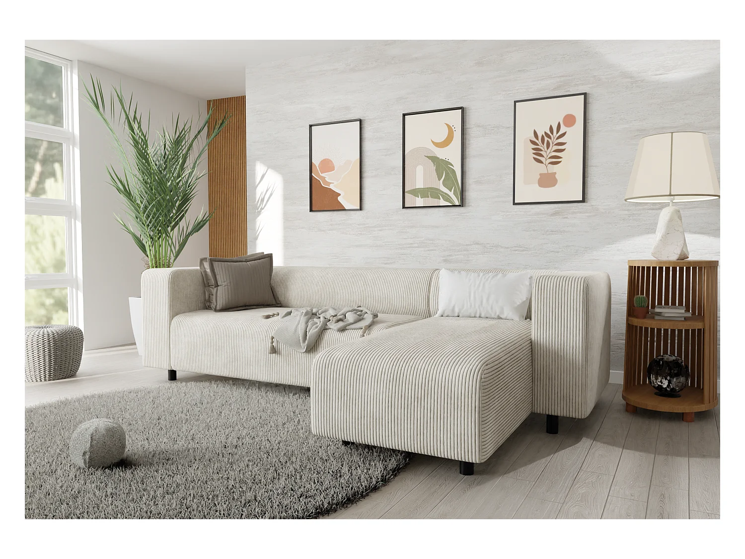 Canapé d’angle moderne avec ottomane en velours côtelé beige avec assise confortable THORA