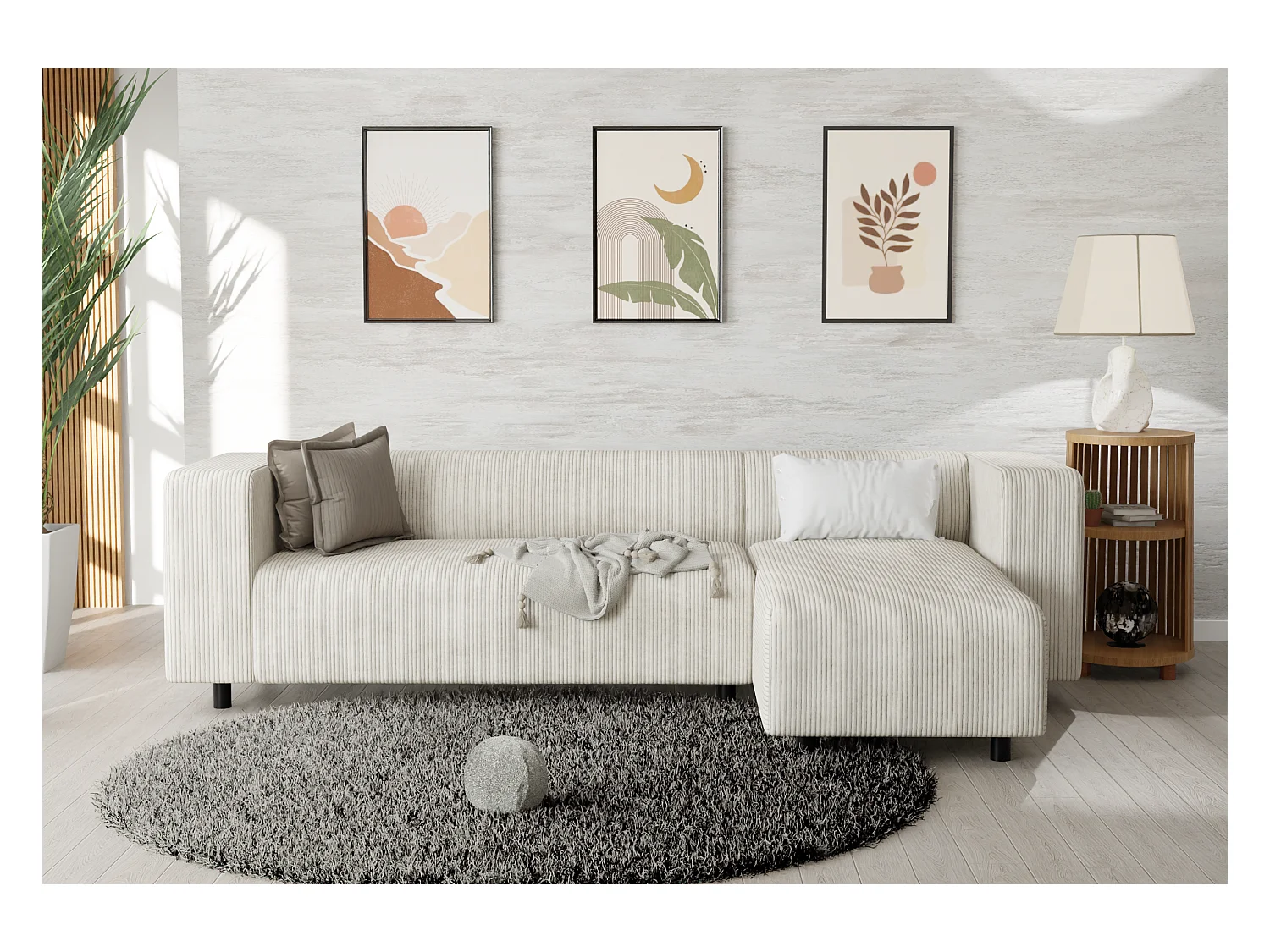 Canapé d’angle moderne avec ottomane en velours côtelé beige avec assise confortable THORA