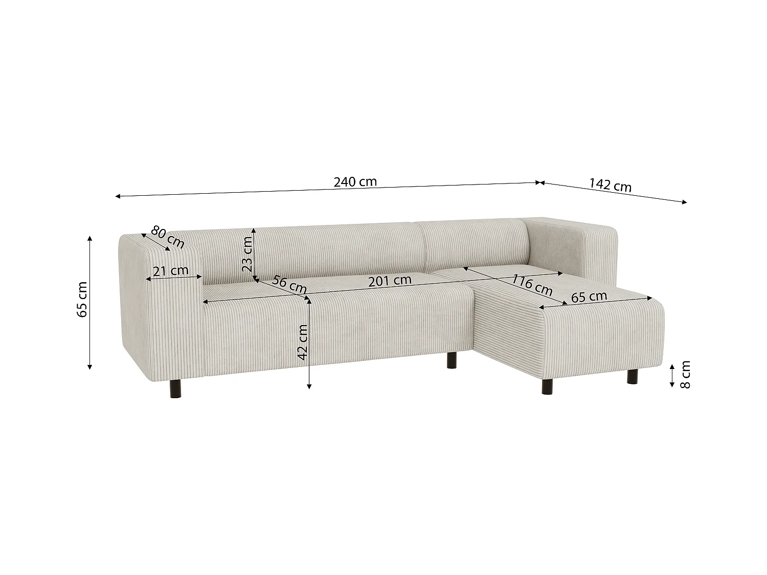 Canapé d’angle moderne avec ottomane en velours côtelé beige avec assise confortable THORA