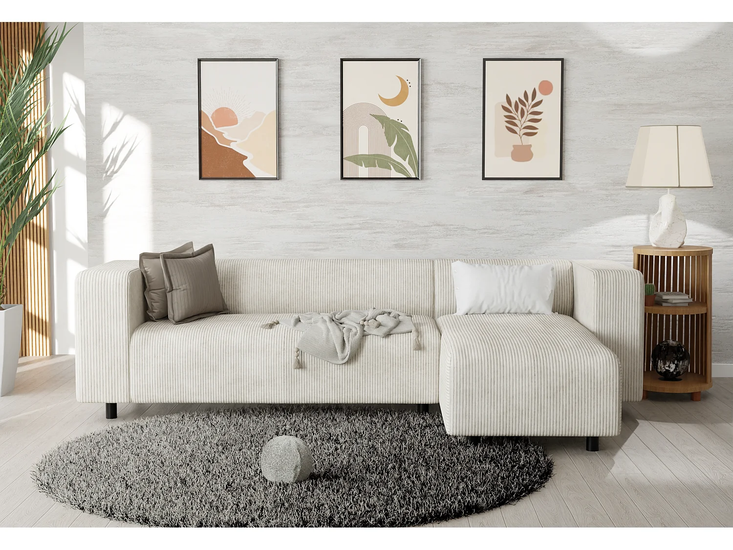 Canapé d’angle moderne avec ottomane en velours côtelé beige avec assise confortable THORA