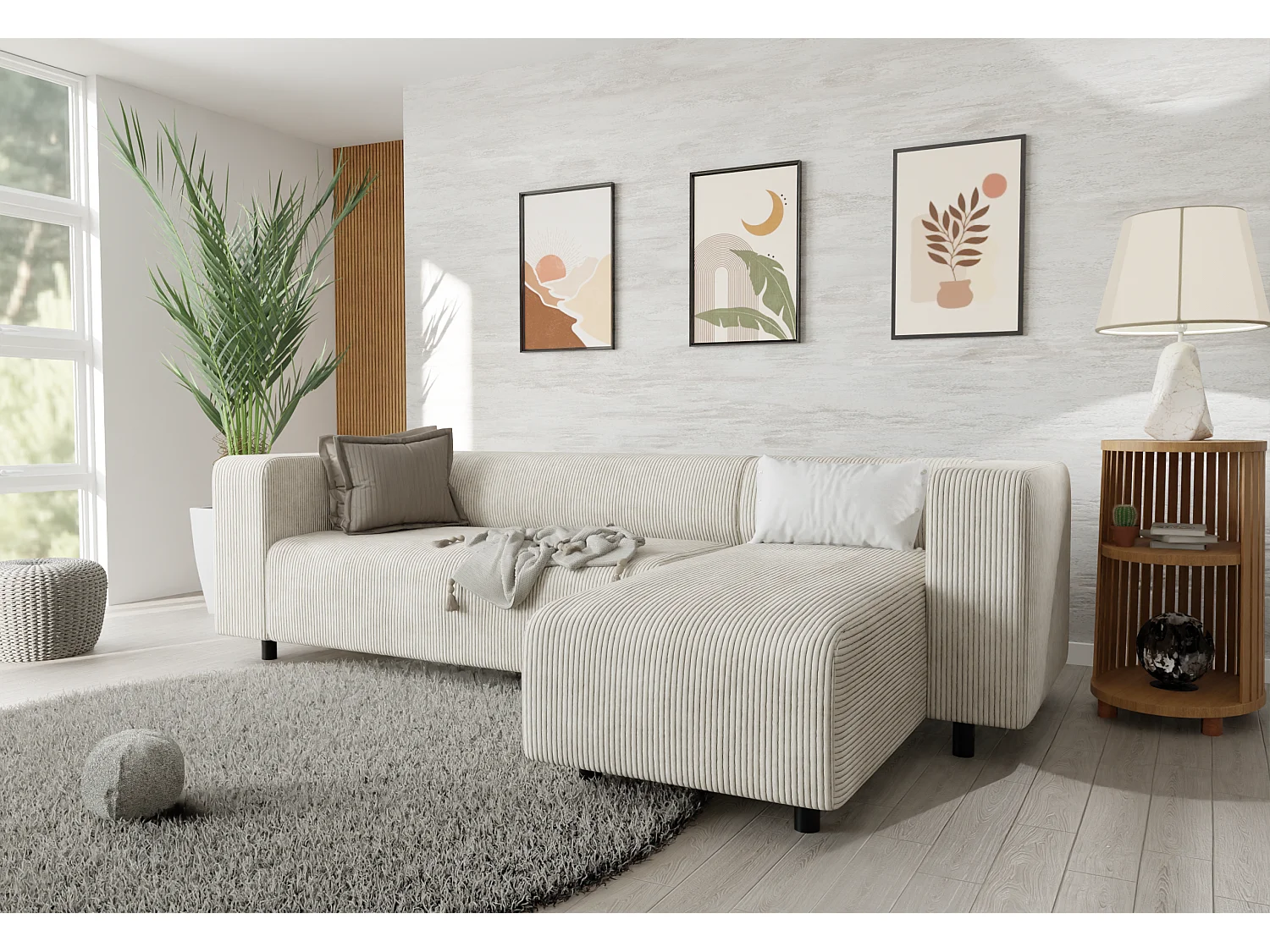 Canapé d’angle moderne avec ottomane en velours côtelé beige avec assise confortable THORA